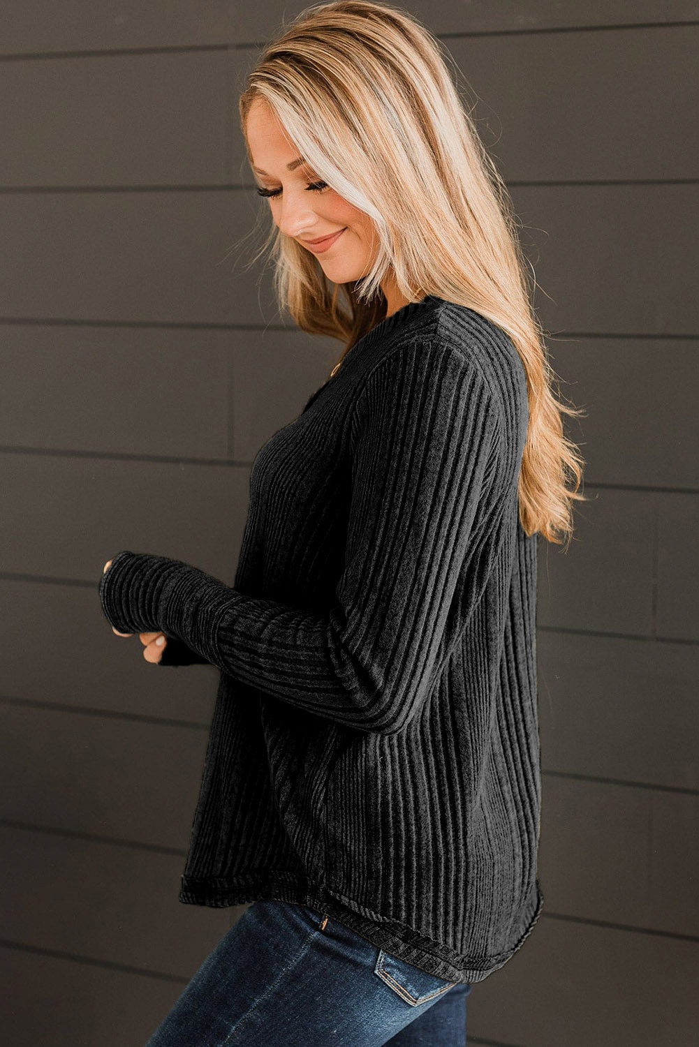 Black V Neck Buttoned Ribbed Knit Top eAura