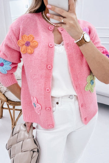 Pink Cute Knitted Floral Pattern Button Up Cardigan eAura