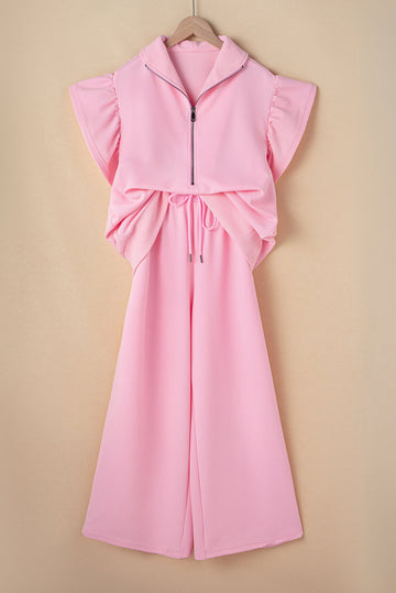 Pink Textured Ruffled Sleeve Zipped Top and Wide Leg Trousers Set eAura