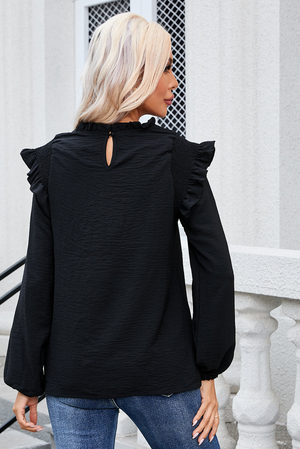 White Frilled Neck Ruffled Trim Bubble Sleeve Blouse eAura