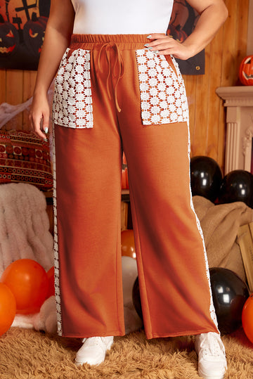 Gold Flame Plus Size Floral Crochet Patch Drawstring Wide Leg Trousers BB Fashion Outlet