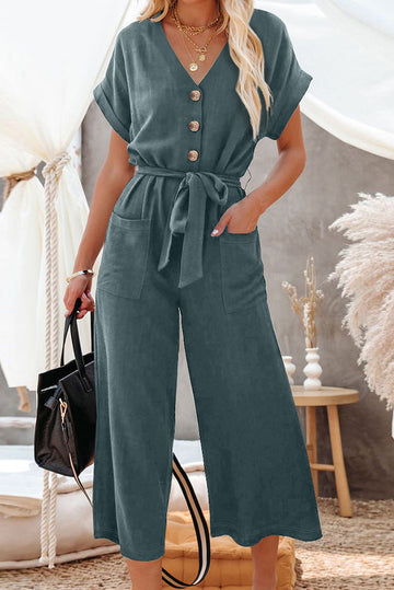 Blue Dolman Button Belted V Neck Wide Leg Jumpsuit Pockets eAura
