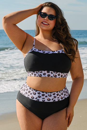 Black 2pcs Leopard Patchwork Plus Size High Waisted Swimsuit BB Fashion Outlet