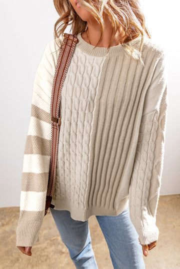 Khaki Cable Knit Colourblock Crew Neck Drop Shoulder Sweater eAura