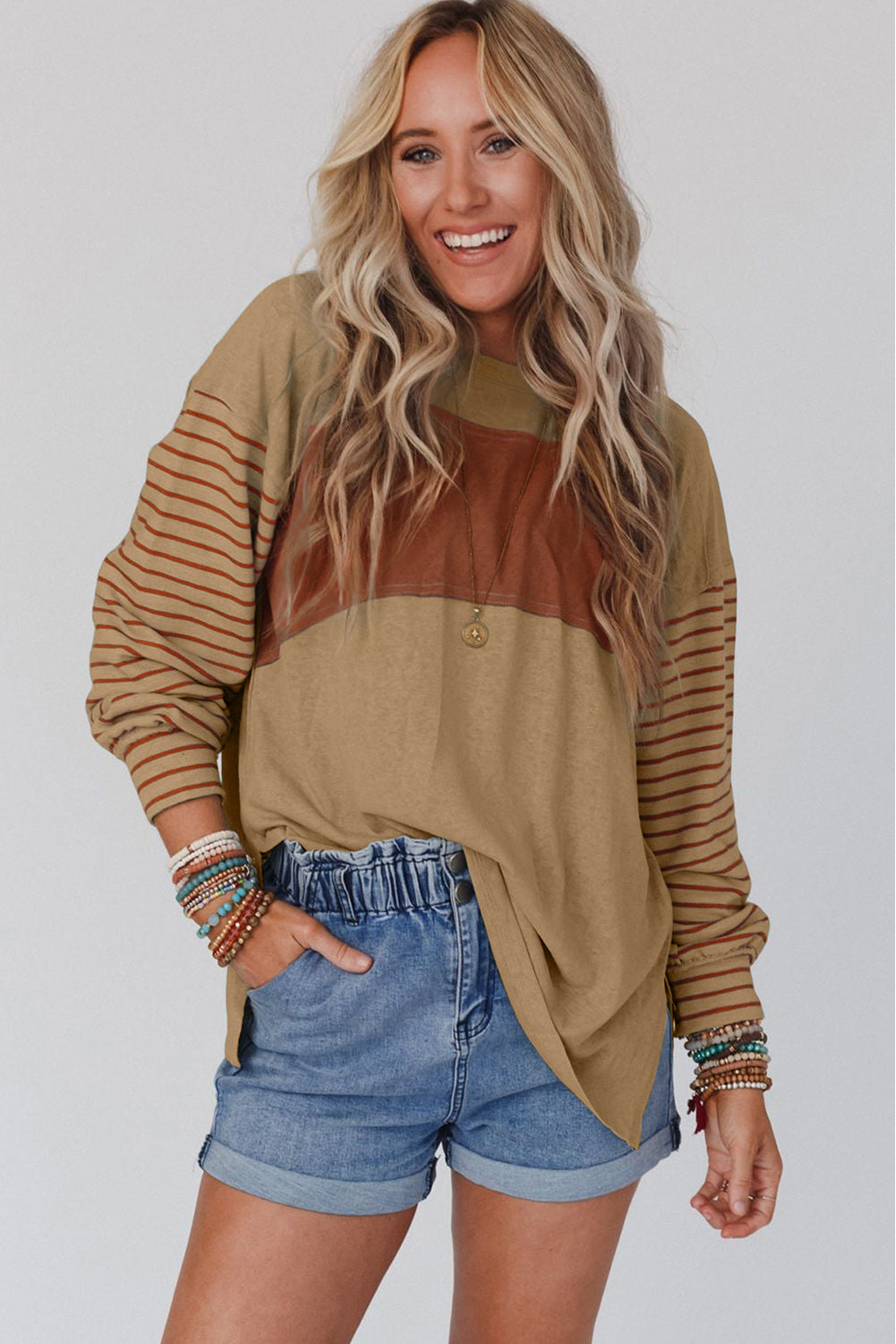 Fiery Red Colourblock Striped Bishop Sleeve Top eAura