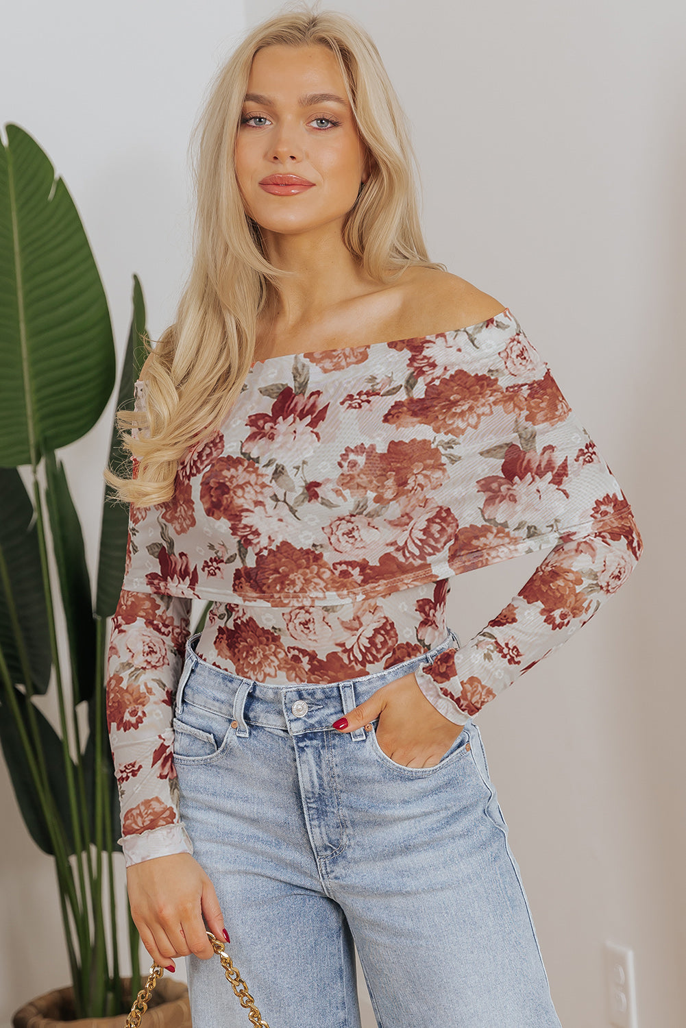 Pink Floral Printed Long Sleeve Sheath Bodysuit eAura