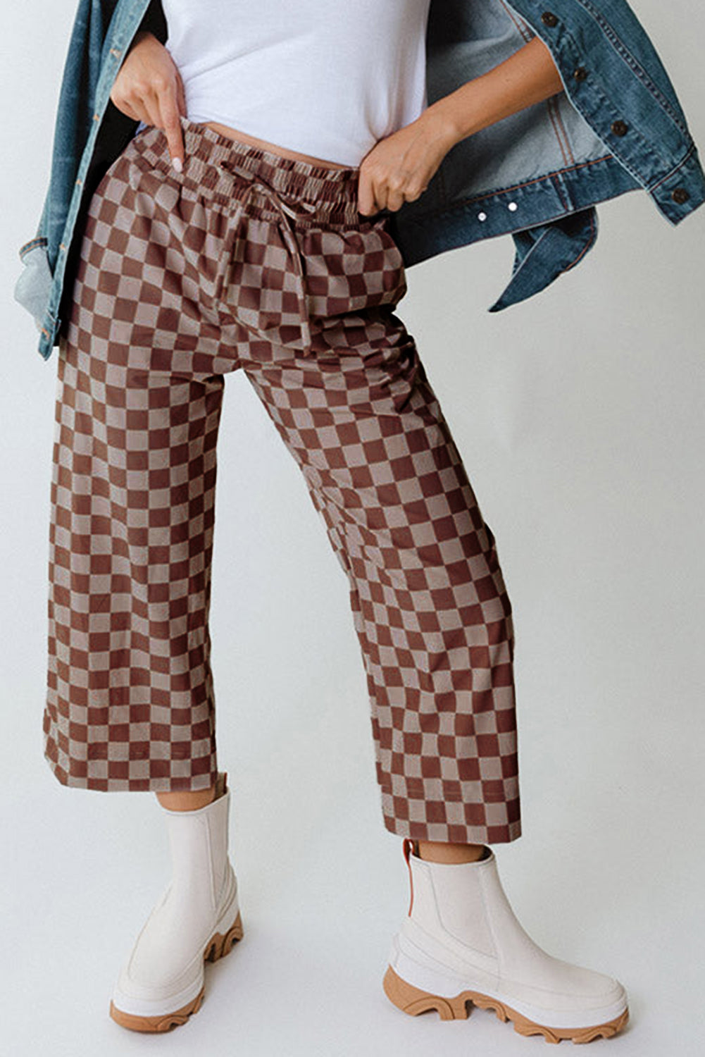 Checkered Elastic High Waist Loose Casual Trousers eAura