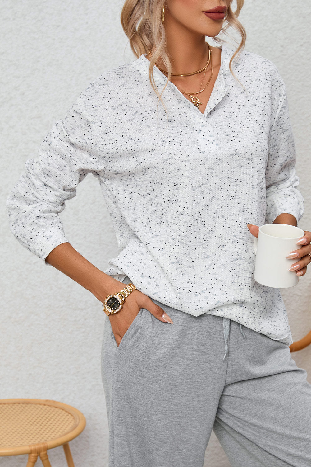 Grey Slouchy Heather Rib Knit Long Sleeve Henley Top eAura