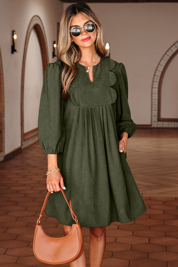 Bracelet Sleeve Split Neck Scallop Detail Pleated Soft Cord Mini Dress - eAura