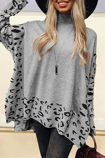 Grey Leopard High Neck Side Slit Oversized Sweater eAura