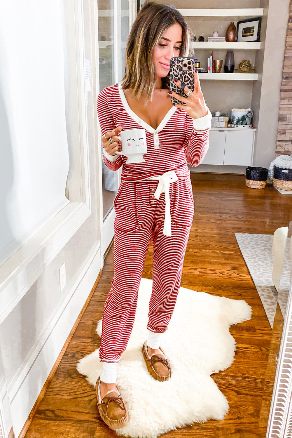Red Stripe Buttoned V Neck Top and Knotted Waist Trousers Pyjamas eAura