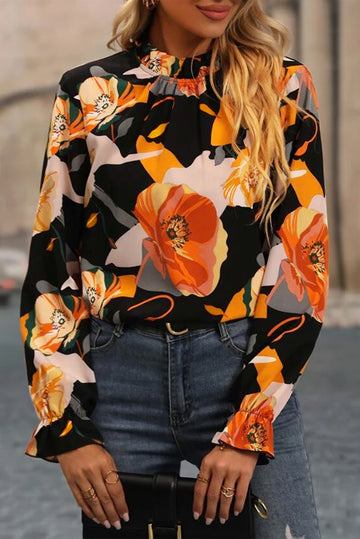 Black Floral Print Mock Neck Blouse eAura