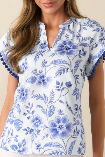 Blue Elegant Floral Print Ricrac Trim Short Sleeve Blouse eAura