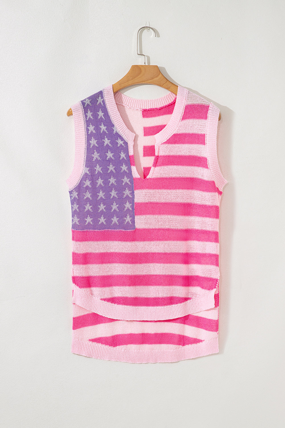 Pink Stripe USA Flag Notched Neckline Loose Sleeveless Top eAura
