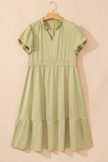 Laurel Green Notched V Neck Puff Sleeve Tiered Plus Size Maxi Dress BB Fashion Outlet