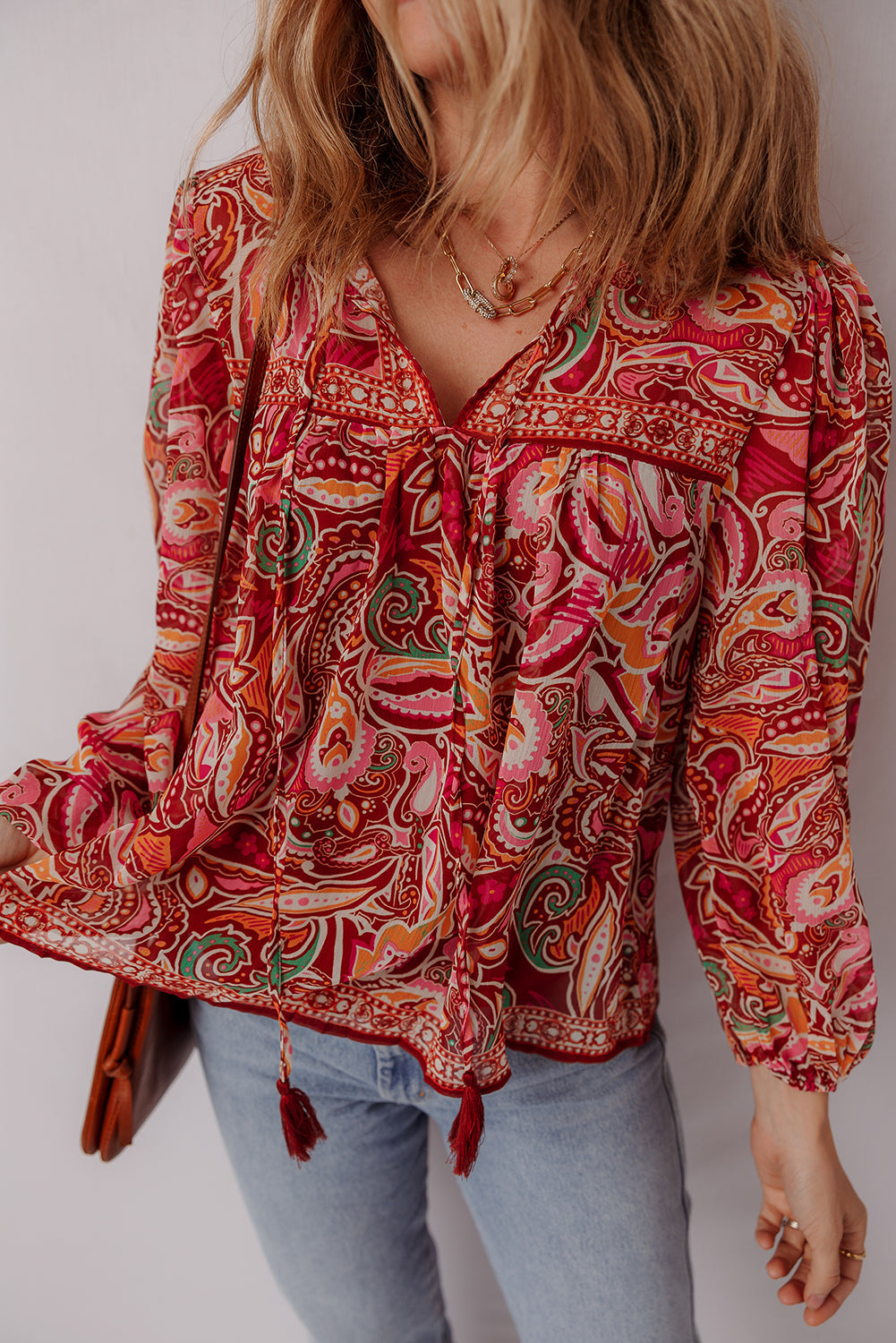 Multicolour Ethnic Paisley Print Tassel Tie Puff Sleeve Boho Blouse eAura