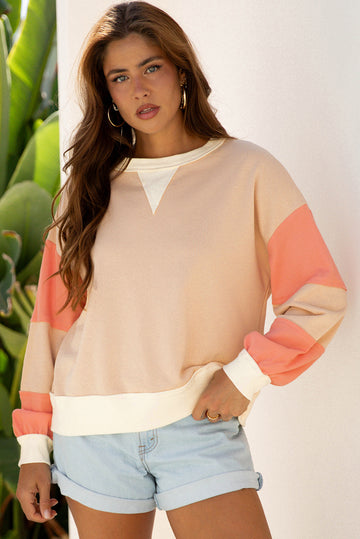 Beige Textured Patchwork Pullover Sweatshirt - eAura