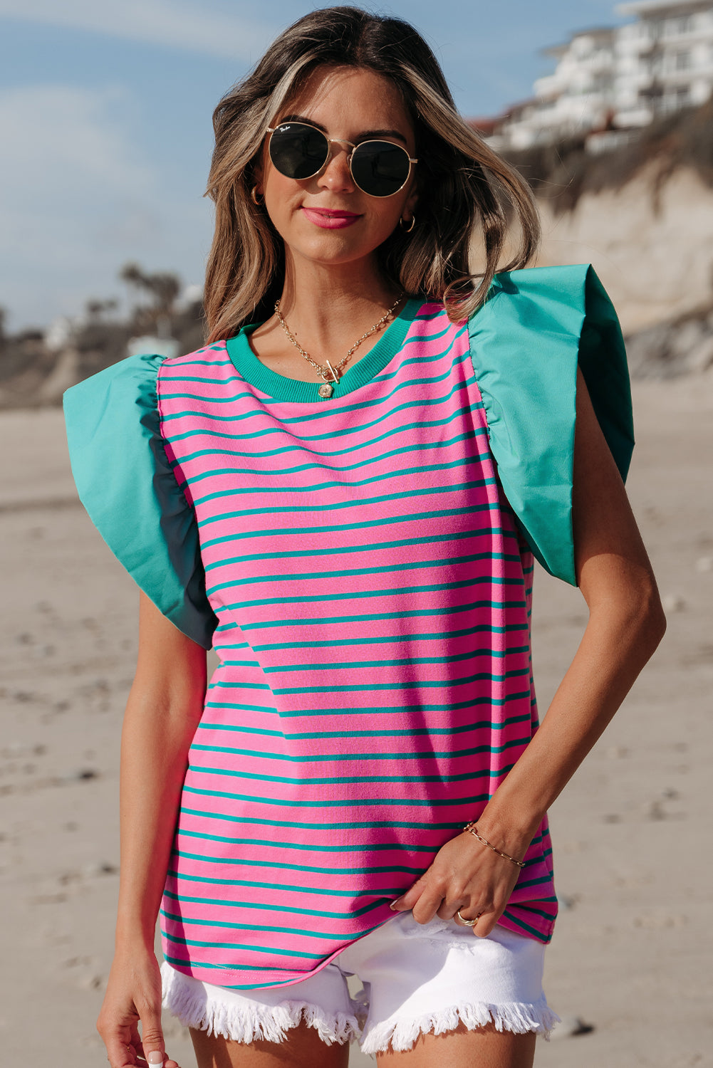 Pink Stripe Colourblock Ruffled Sleeve Crew Neck Blouse eAura