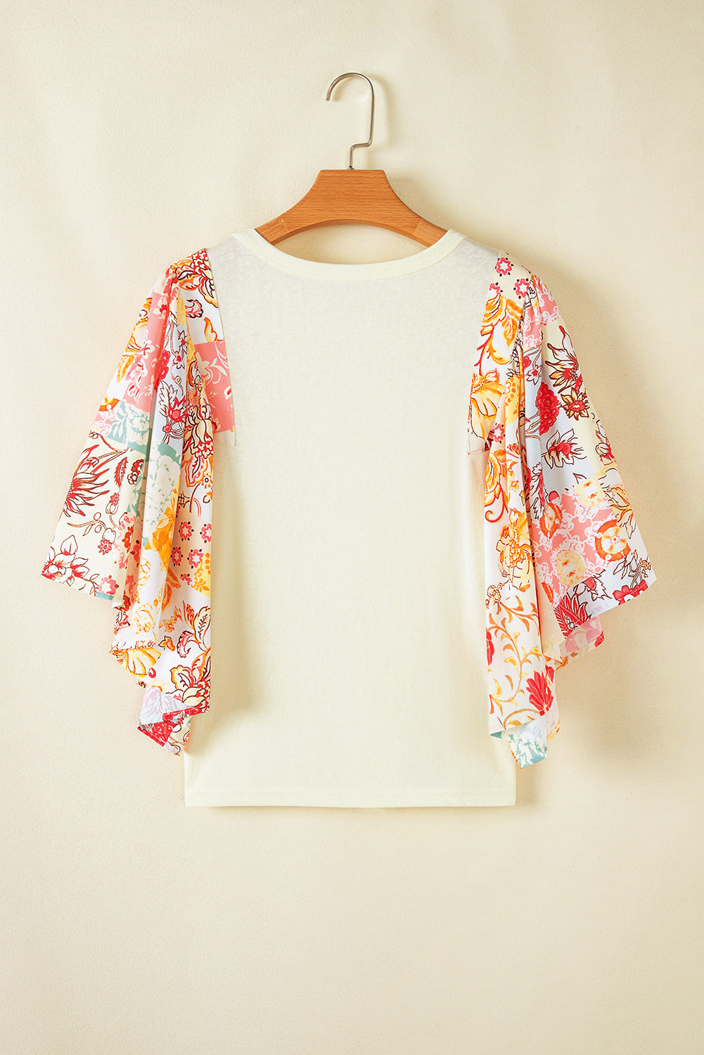 Beige Floral Patchwork Half Batwing Sleeve Blouse eAura