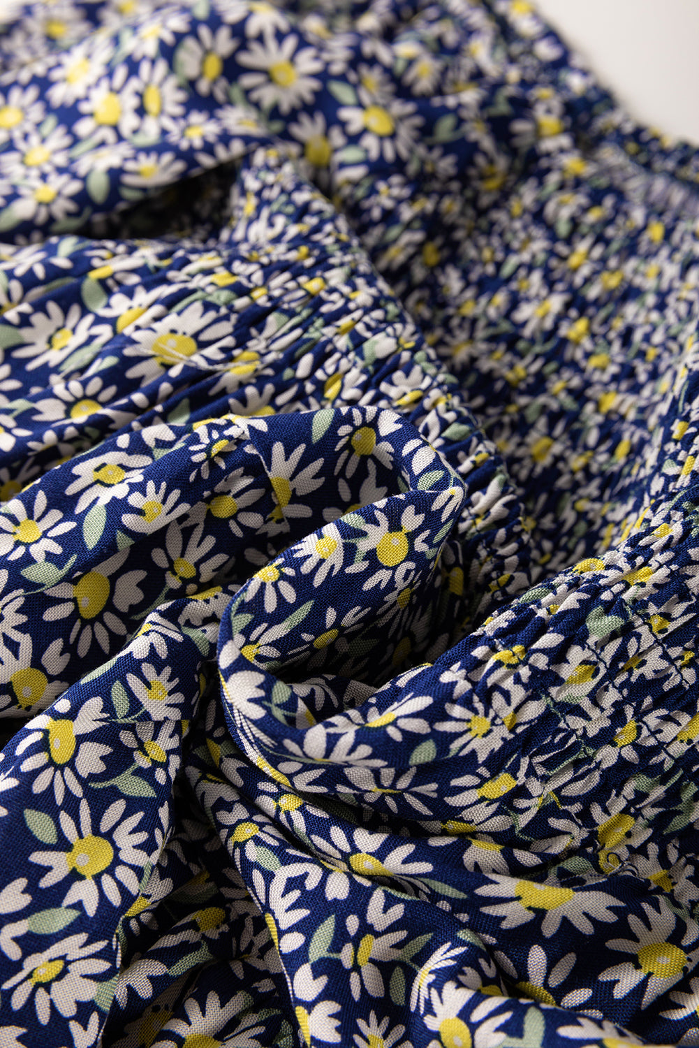 Blue Boho Floral Print Smocked Square Neck Loose Fit Blouse eAura