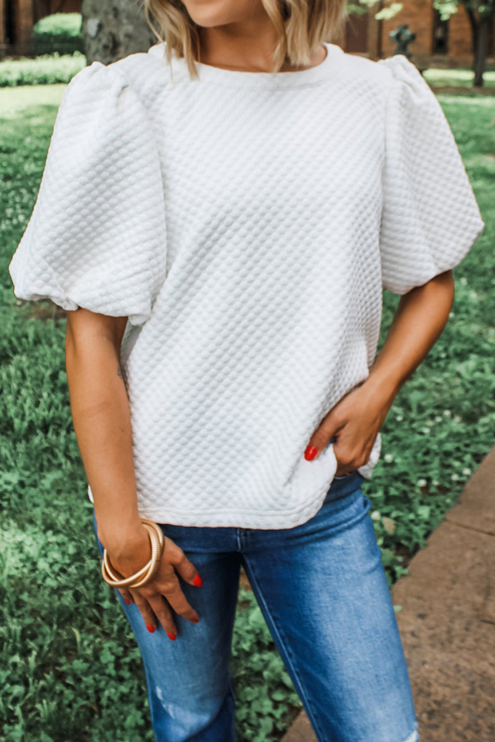 White Solid Textured O Neck Puff Sleeve Blouse eAura