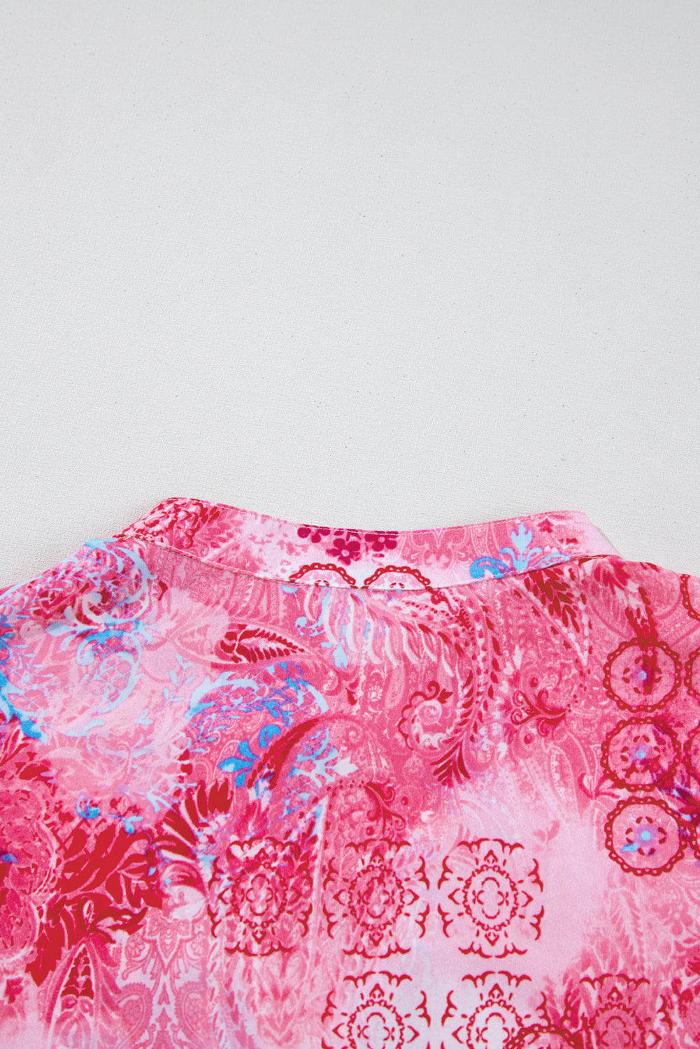 Pink Abstract Floral Print Notch V Neck Rolled Short Sleeve Blouse eAura