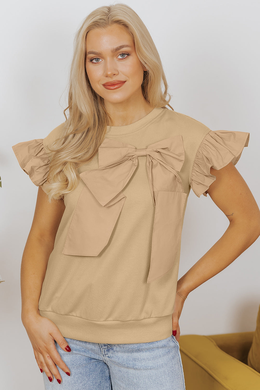 Parchment Two Tones Ribbon Bow Ruffle Sleeve Top eAura