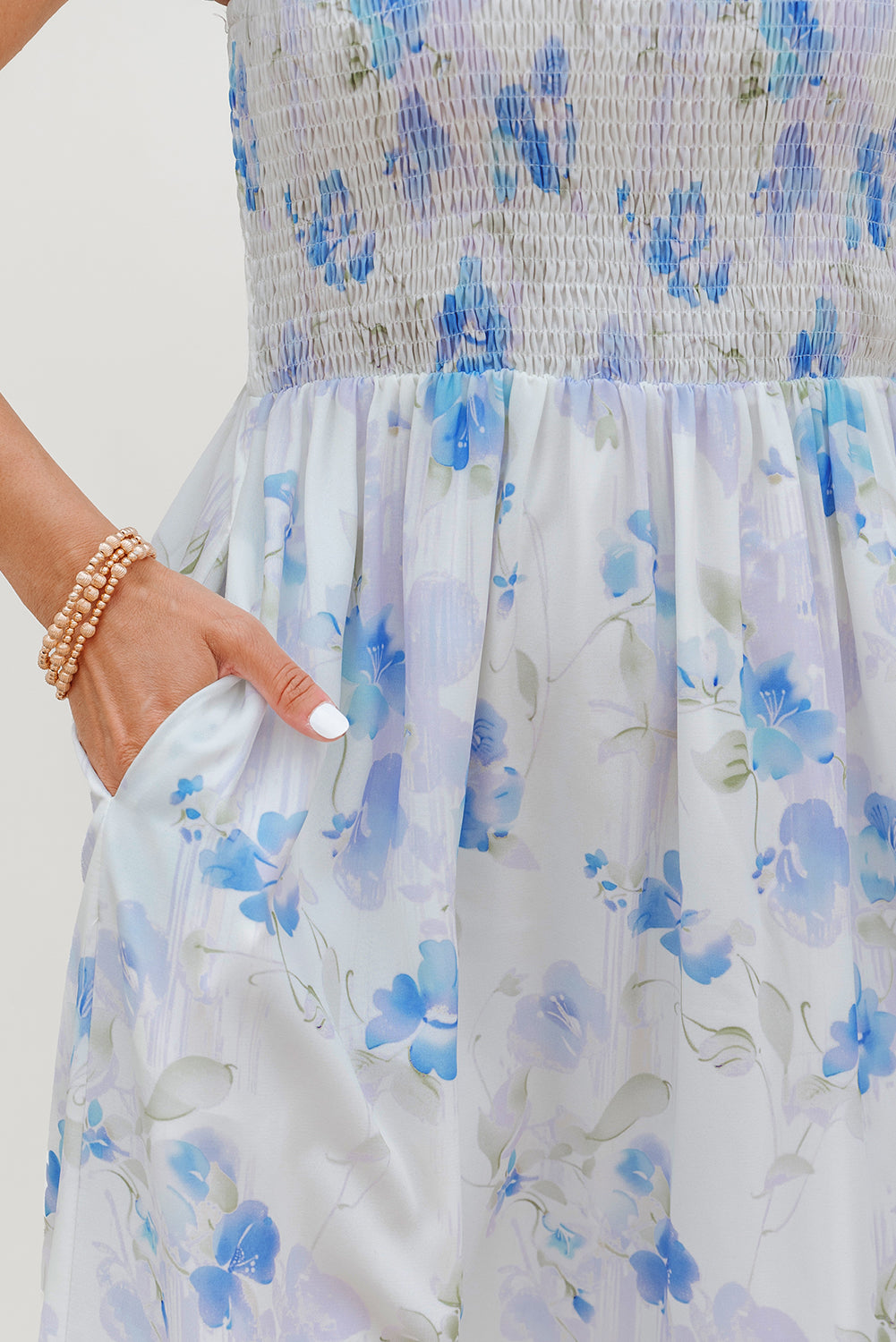 Sky Blue Floral Smocked Ruffle Sleeveless Maxi Dress eAura