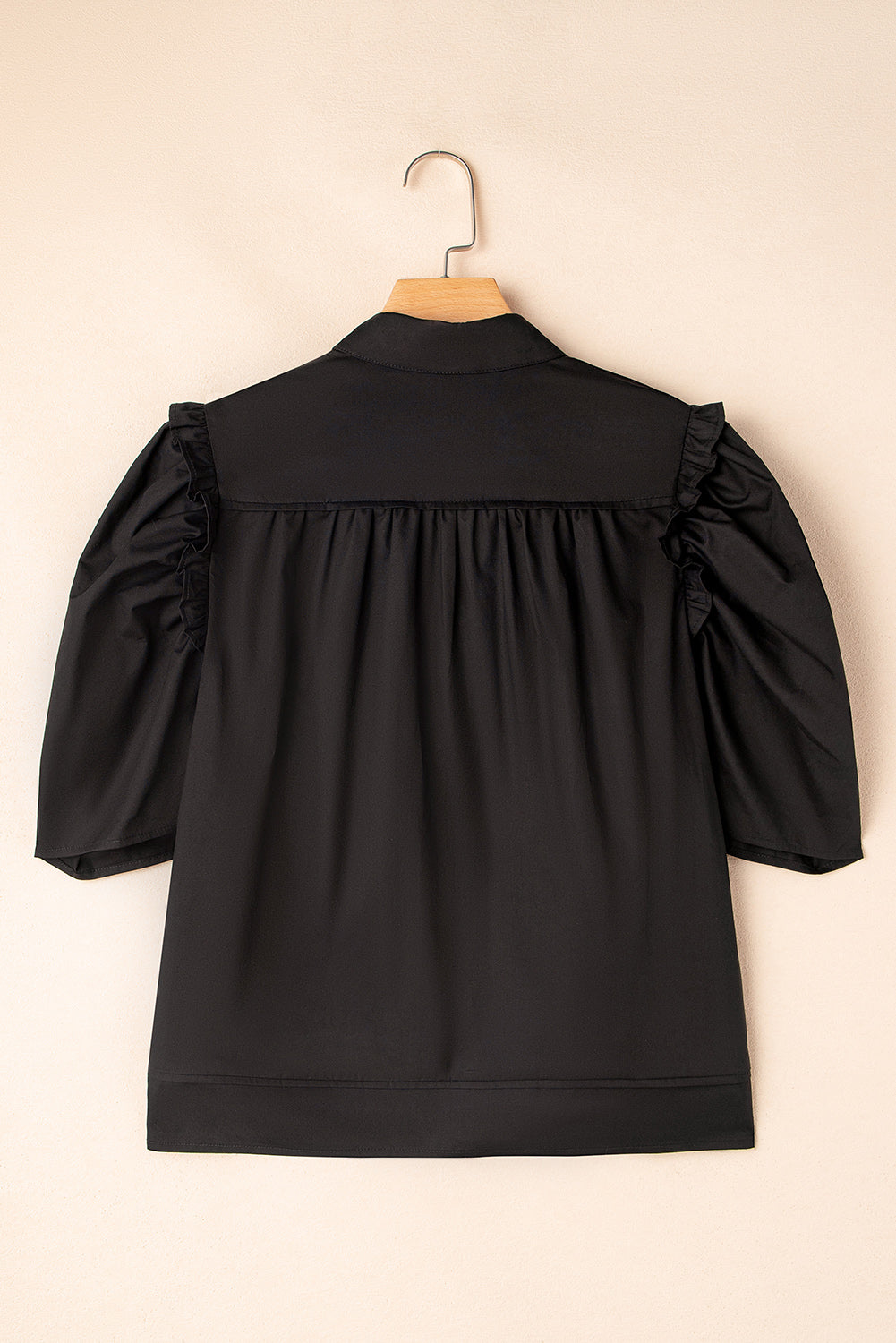 Black Ruffled Puff Sleeve Stylish Collared Shirt eAura