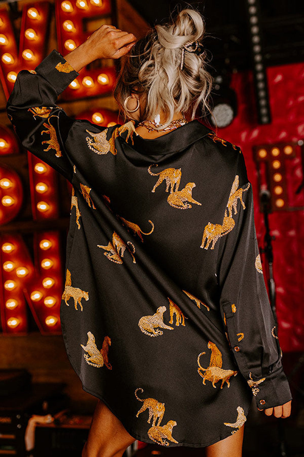 Black Cheetah Animal Print Button Up Satin Shirt eAura