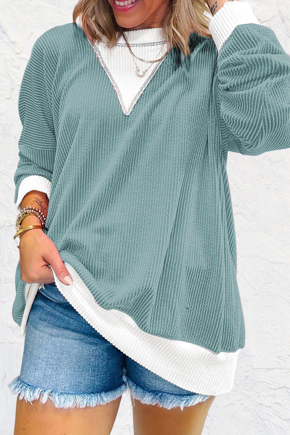 Light Blue Ribbed Colourblock Drop Shoulder Loose Top eAura