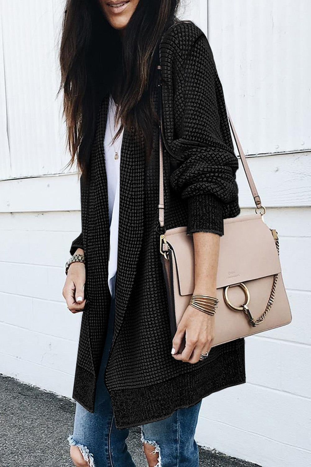 Apricot Plaid Knitted Long Open Front Cardigan eAura