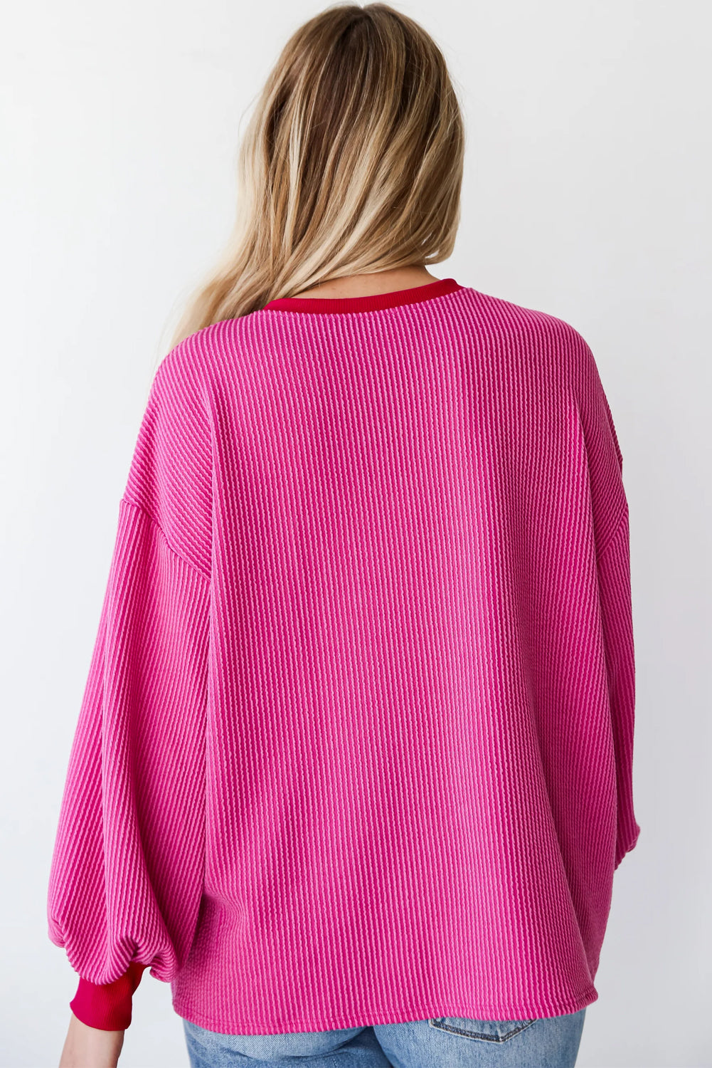 Bright Pink Ribbed Contrast Edge Drop Shoulder Long Sleeve Top eAura