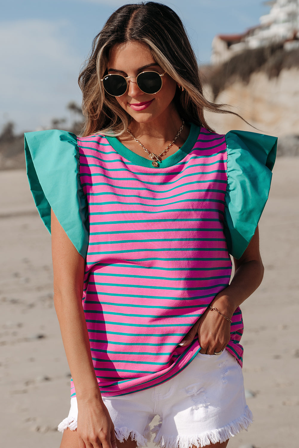 Pink Stripe Colourblock Ruffled Sleeve Crew Neck Blouse eAura