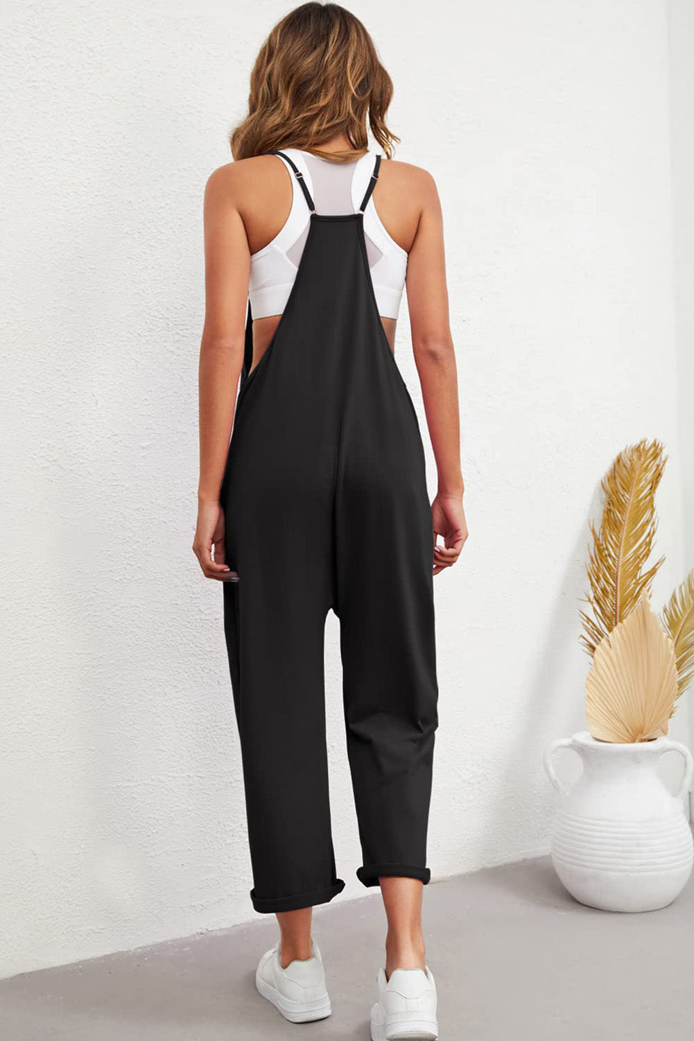 Black Pocketed Adjustable Spaghetti Strap Straight Leg Jumpsuit eAura