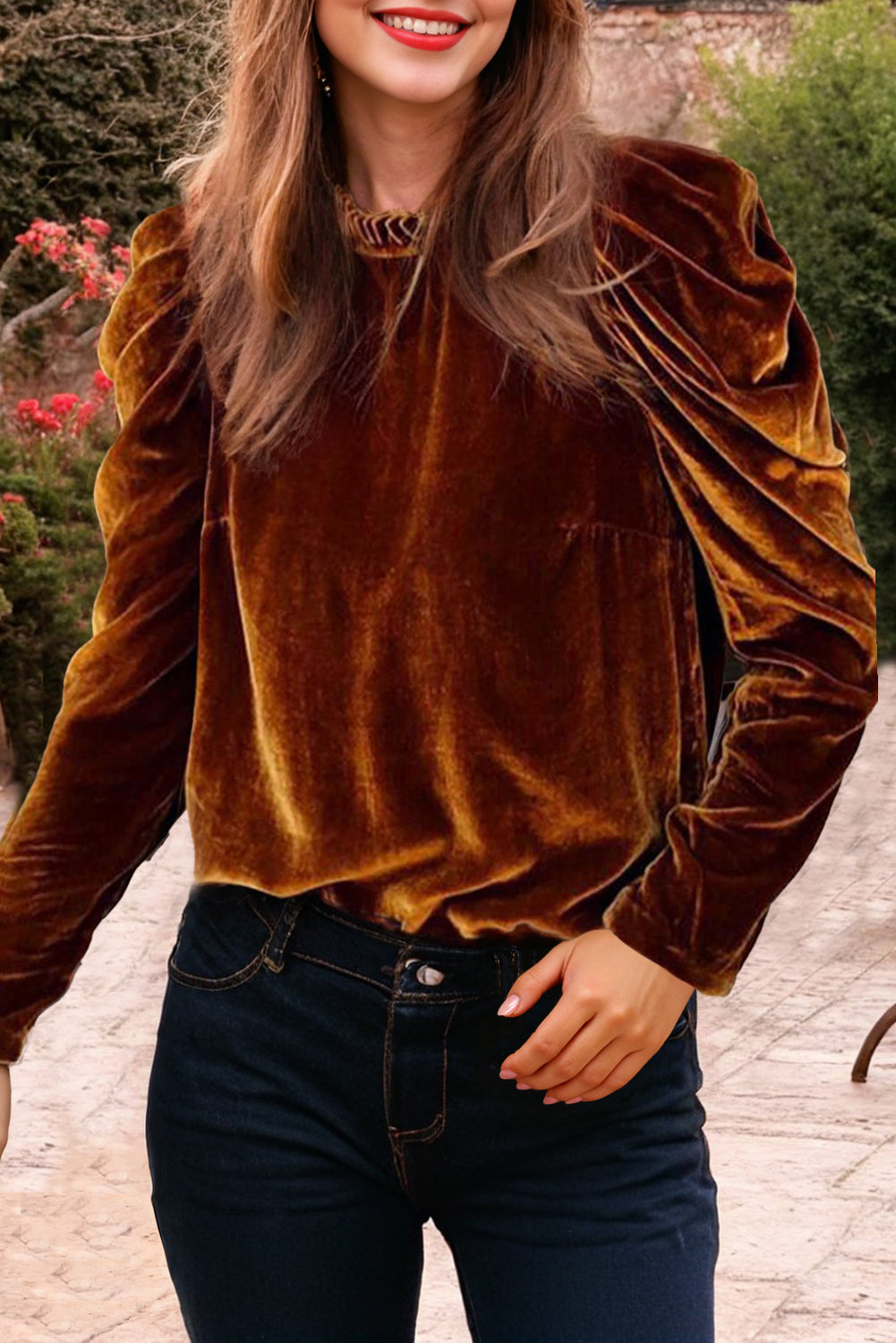 Chestnut Frilled Collar Puff Sleeve Velvet Top eAura