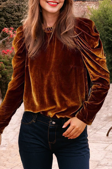 Chestnut Frilled Collar Puff Sleeve Velvet Top eAura