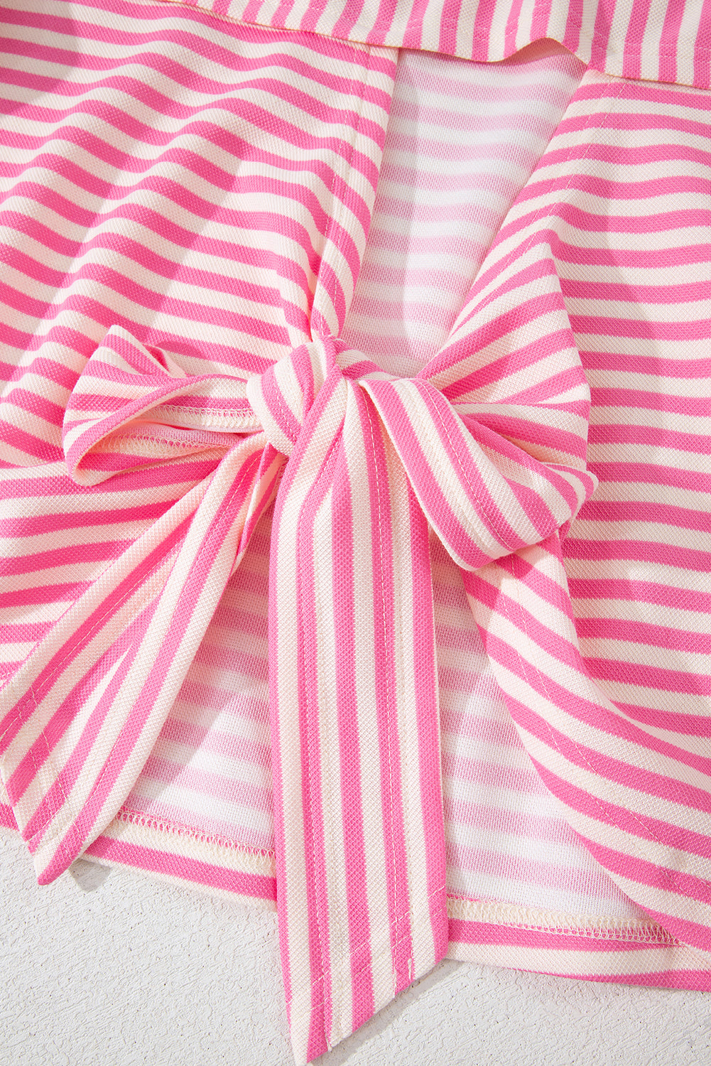 Pink Stripe Bowknot Cutout Back Drop Shoulder Wide Bracelet Sleeve Loose Tee eAura