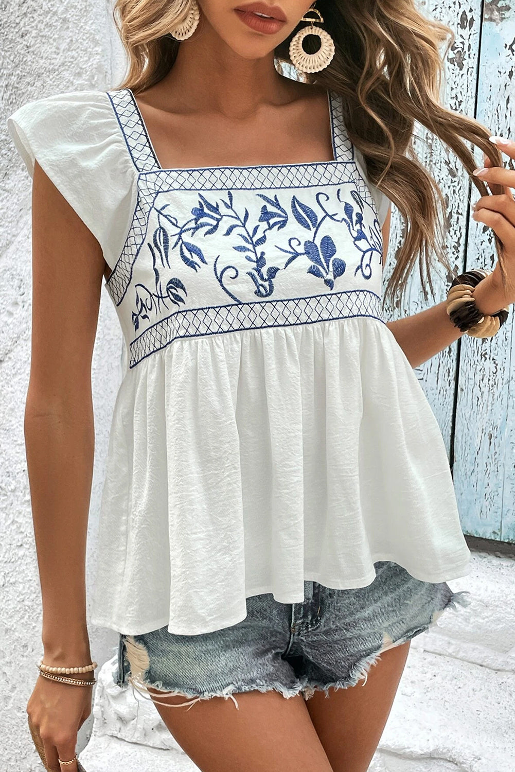 White Embroidered Bust Square Neck Peplum Blouse eAura