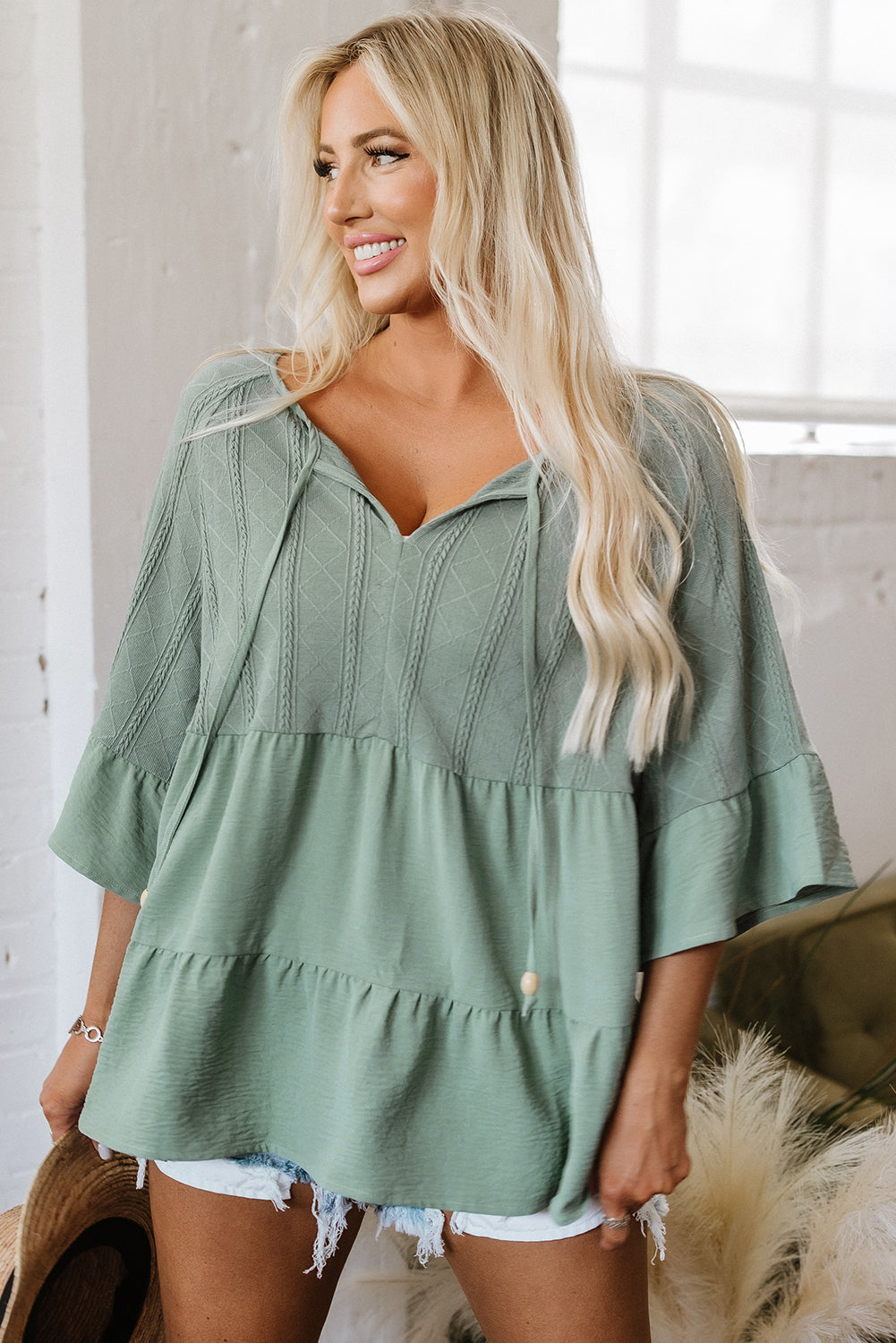 Laurel Green Tie Split Neck Textured Ruffle Patchwork Blouse eAura