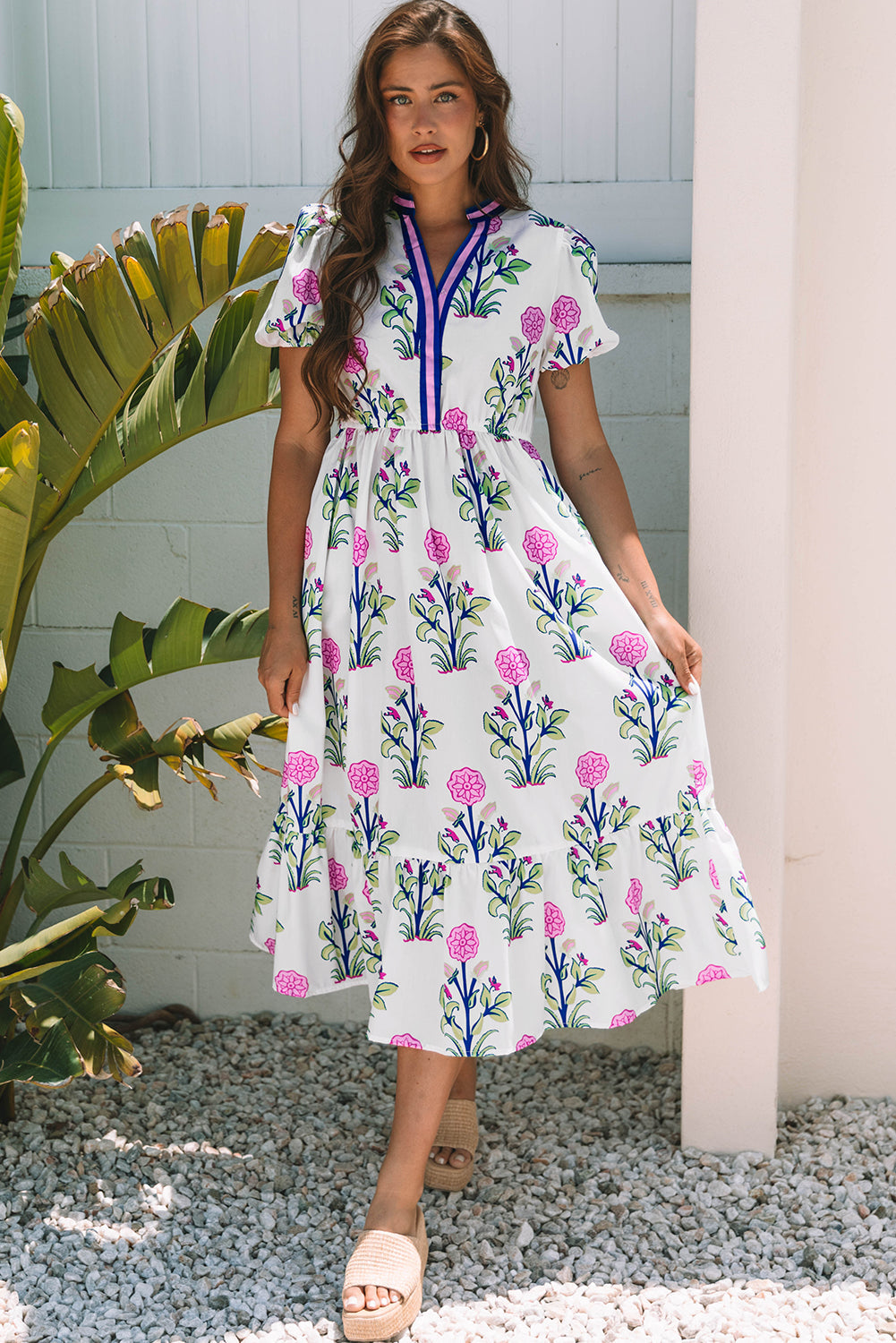 Floral Puff Short Sleeve V Neck High Waist Maxi Dress eAura