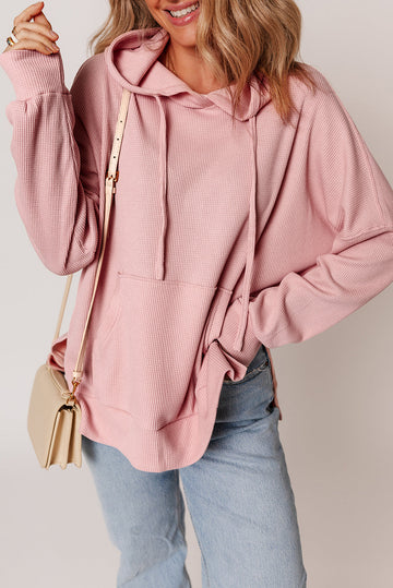 Light Pink Waffle Knit Fleece Lined High Low Oversized Hoodie eAura