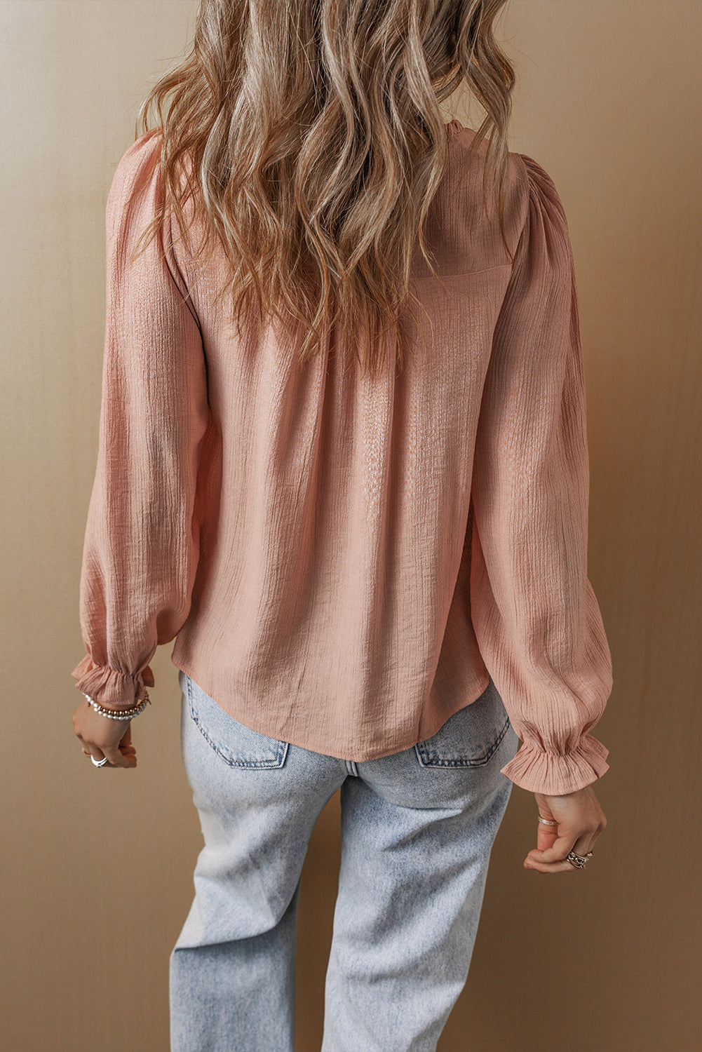 Gossamer Pink Floral Embroidered Textured Flounce Sleeve Elegant Blouse eAura