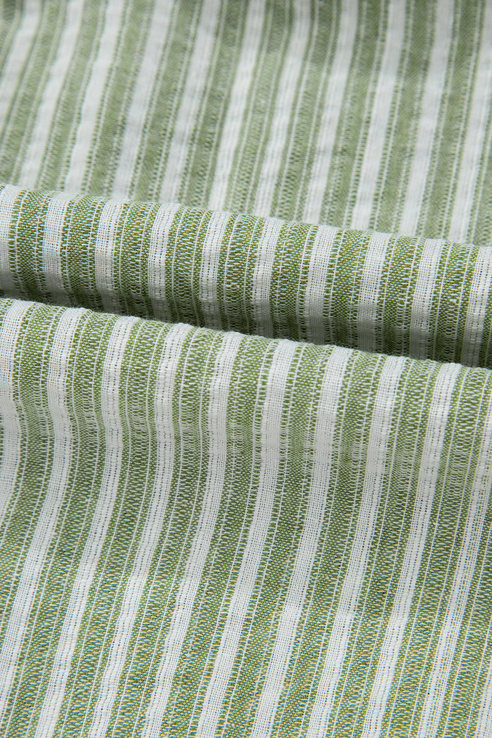 Green Stripe Textured Round Neck Short Puff Sleeve Blouse eAura