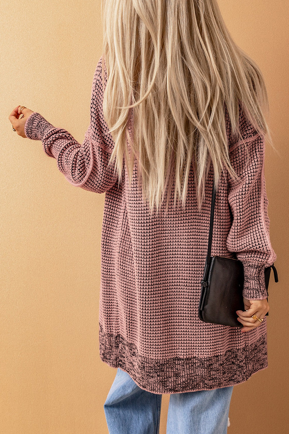 Apricot Plaid Knitted Long Open Front Cardigan eAura