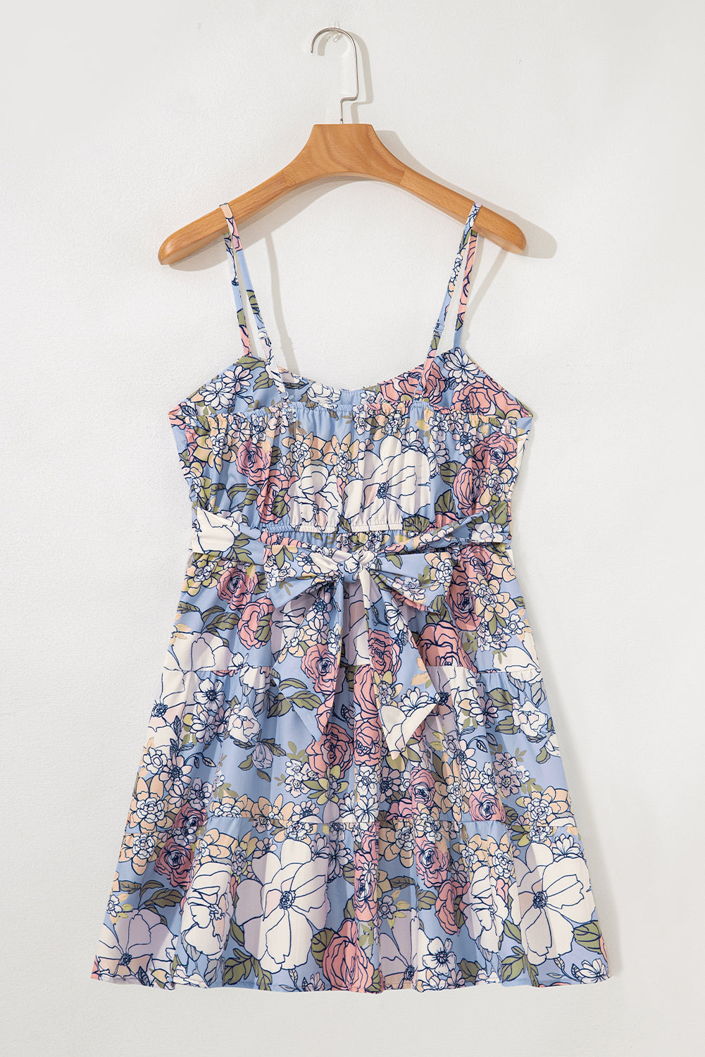 Sky Blue Floral Tiered Patchwork Spaghetti Strap Dress eAura