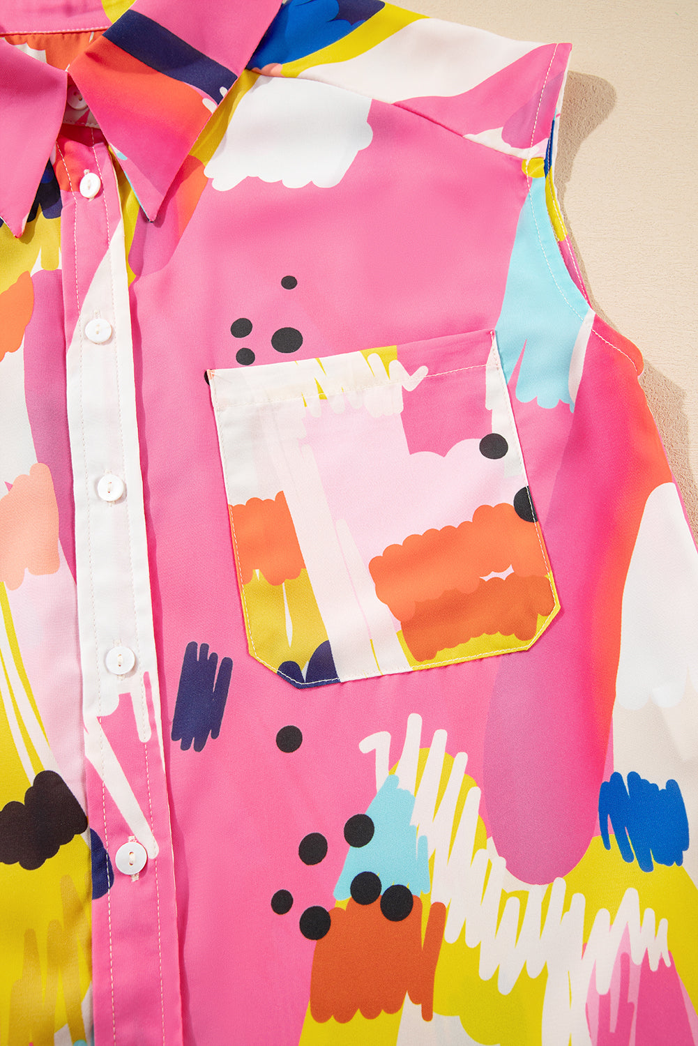 Multicolour Abstract Print Collared Cap Sleeve Casual Shirt eAura