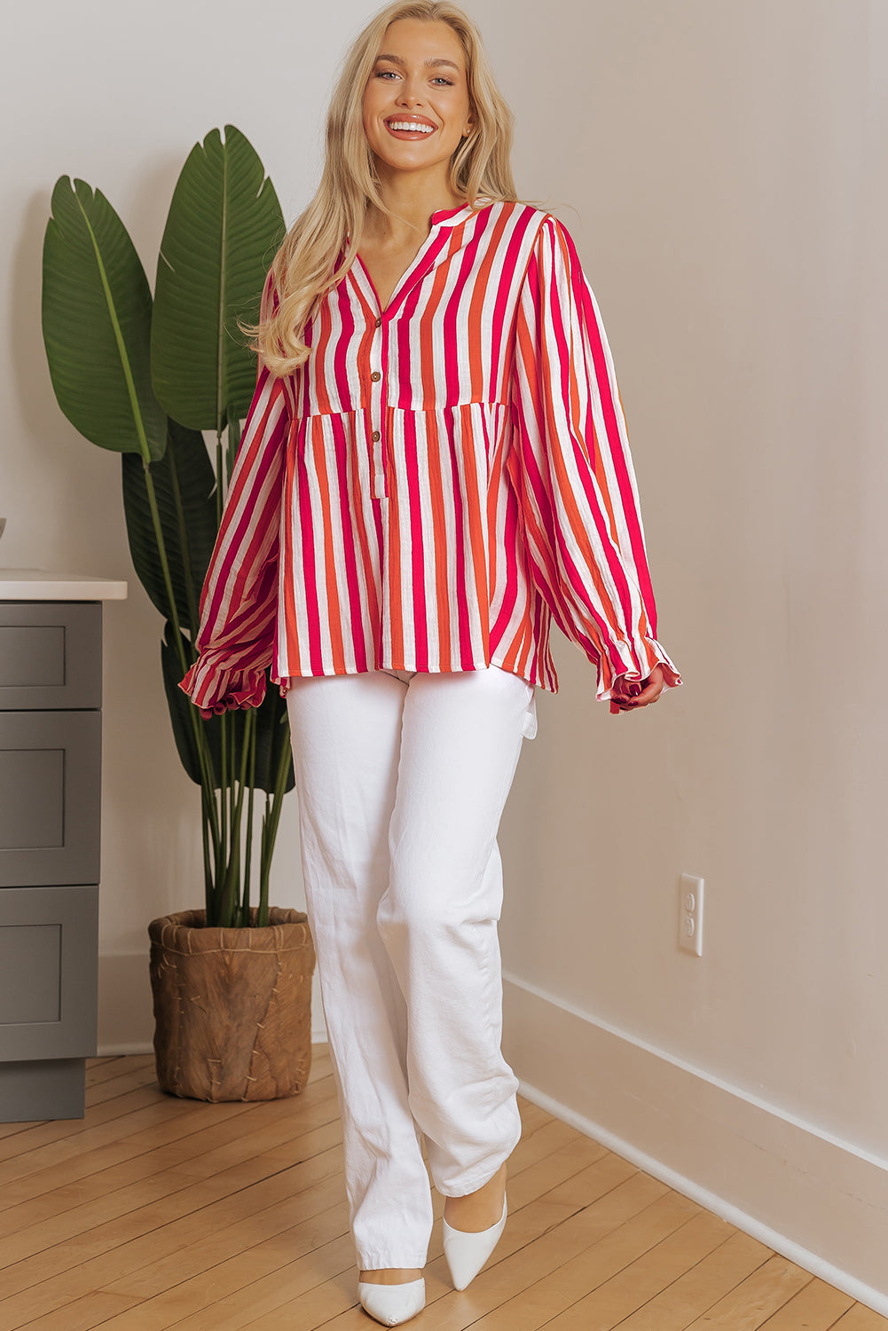 Orange Stripe Balloon Sleeve Notched V Neck Buttoned Front Blouse eAura