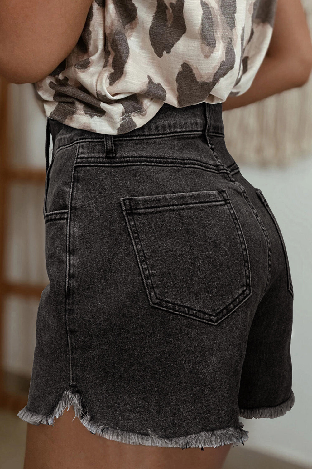 Carbon Grey Raw Hem High Waist Denim Shorts eAura