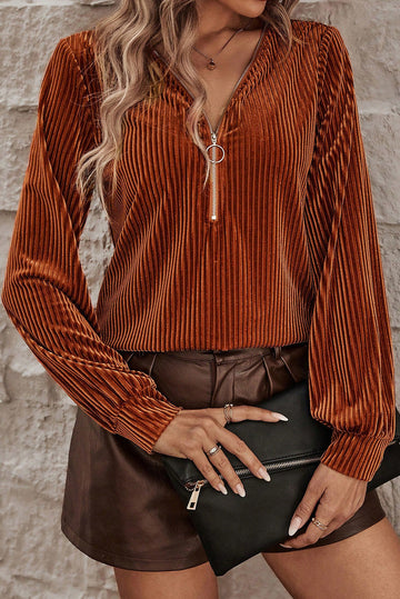 Chestnut Half Zip V Neck Ribbed Velvet Top eAura